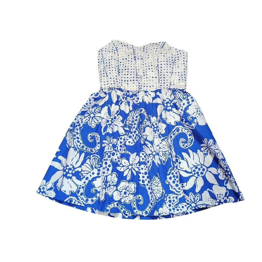 Lilly Pulitzer Ferris Floral Print Dress Size 8 Eyelet Corset Strapless Beachy